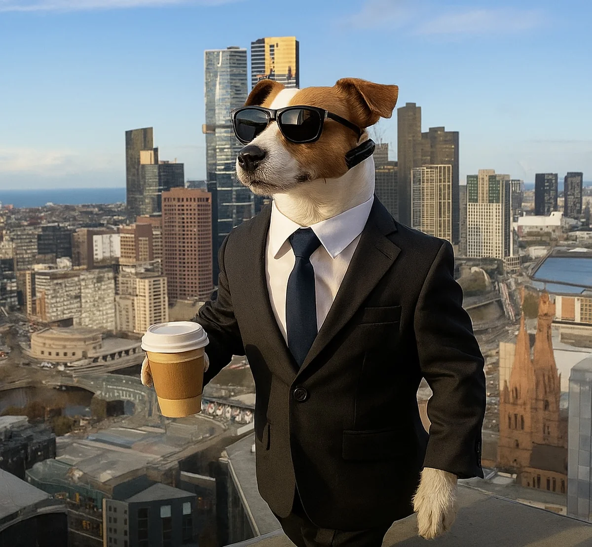 Dog overlooking the Melbourne skyline during a calm solo walk